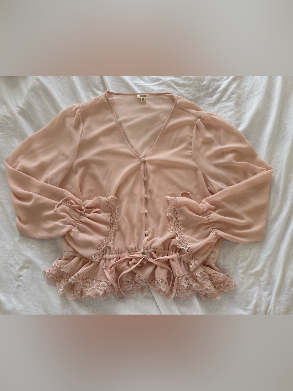 Silky Blush Pink Lace-Trim Blouse